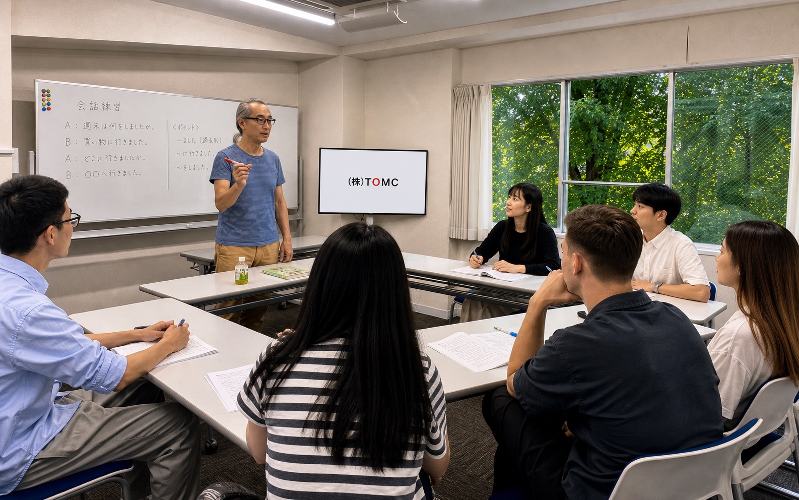 日本語教室で男性講師と成人学習者が会話練習を行うイメージ